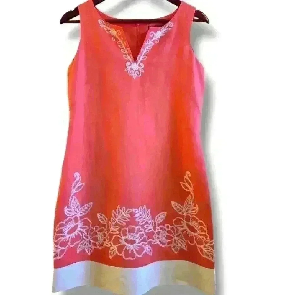 Jessica Howard Peach/Coral embroidered V-neck Sleeveless Lined Linen Sz 4P #110